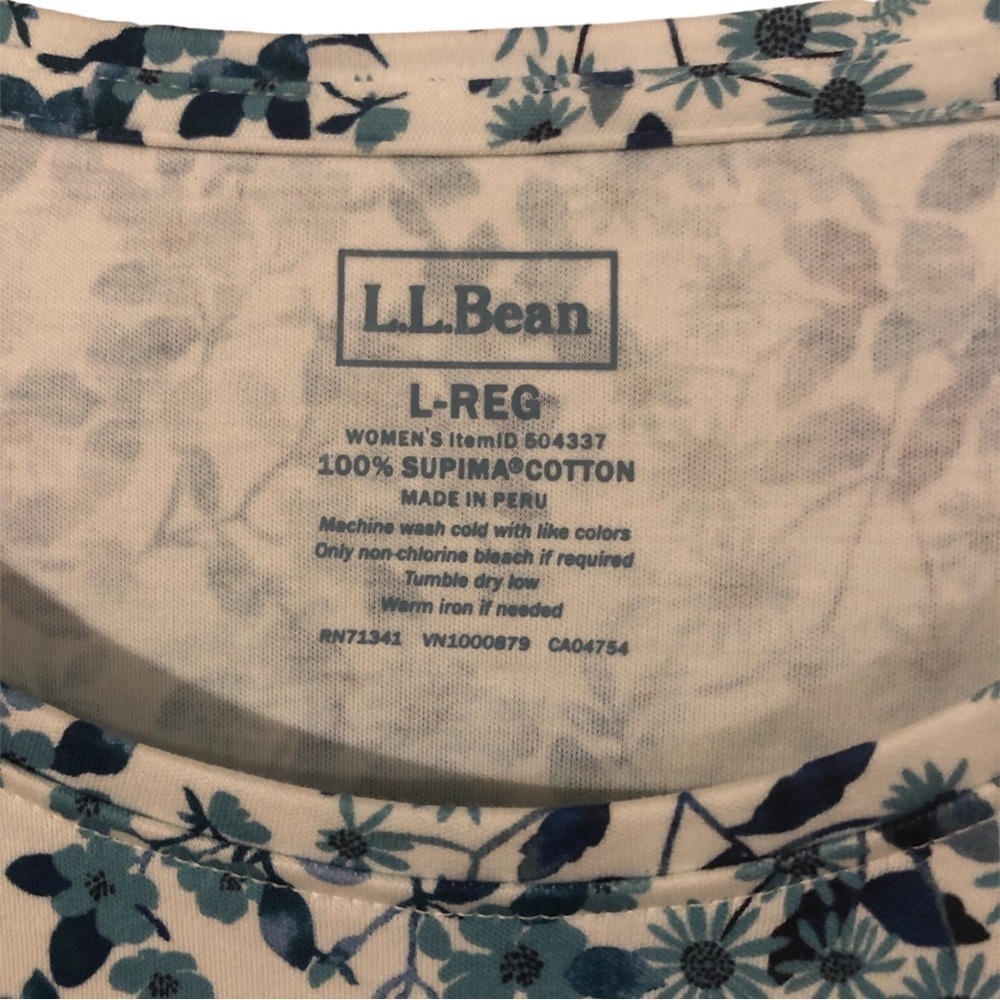L.L. Bean Supima Cotton Tee 3/4Sleeve Blue/White Floral Design Casual Coastal L - Picture 7 of 7